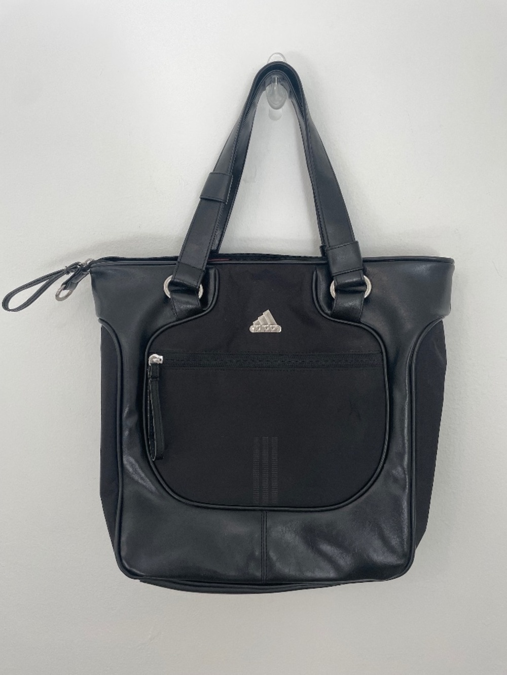 Vintage Adidas Black Leather + Nylon Large Shoulder Tote Bag, 90s Y2k Purse
